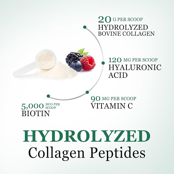 Collagen Peptides Powder 20g - Hydrolyzed Type 1 & 3 Berry Flavor Collagen Powder - Biotin, Hyaluronic Acid, Vitamin C - Hair, Skin, & Nails Support Supplement for Women & Men - Bottled in USA, 10.5oz