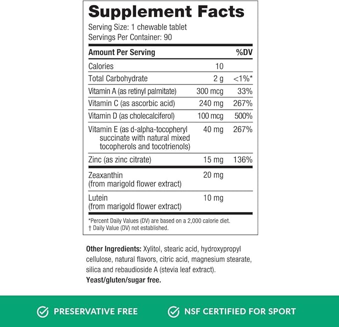 EyePromise Vizual Edge Supplement - 90 Chewable Tablets, 90-Day Supply, Citrus Flavor - AREDS 2 Eye Vitamin with 20mg Zeaxanthin & 10mg Lutein for Vision Quality & Clarity