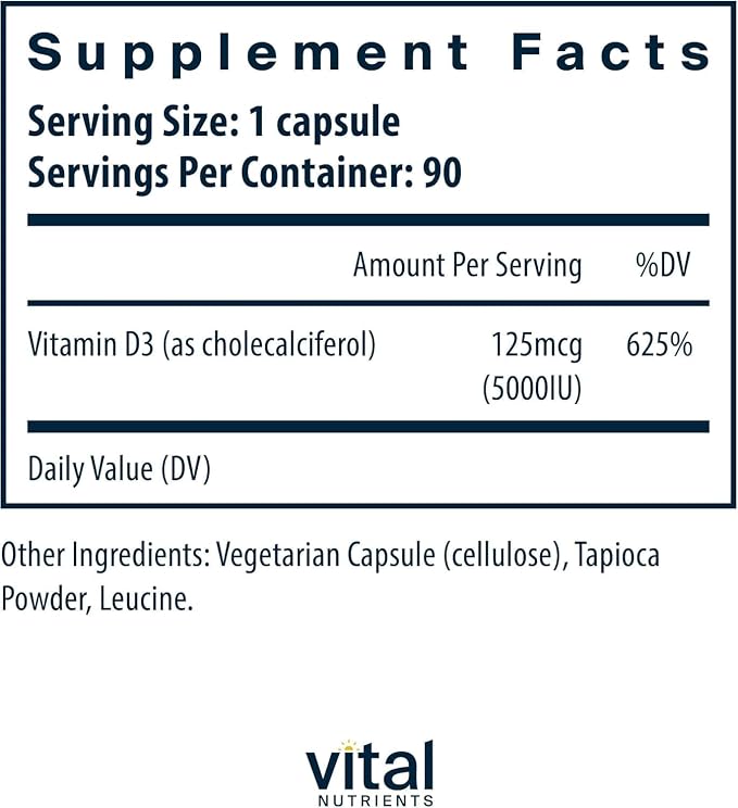 Vital Nutrients Vitamin D 5000 IU - Vitamin D3 Supplement - Healthy Bones, Teeth, Muscles*- Cellular & Immune Function - Calcium Absorption - Gluten, Dairy and Soy Free - 90 Capsules