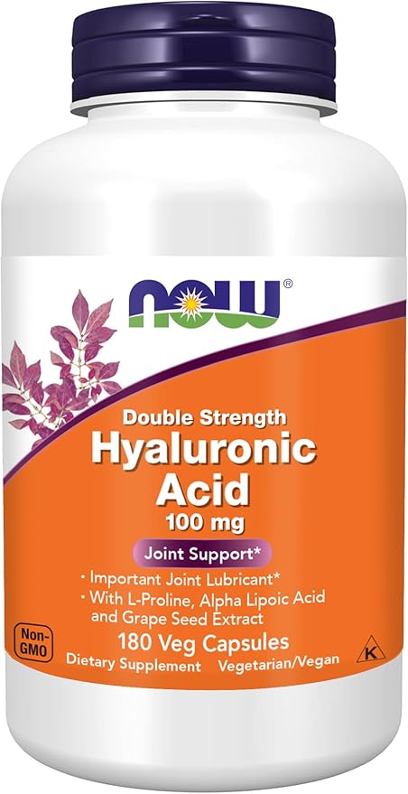 NOW Foods Supplements, Hyaluronic Acid 100 mg, Double Strength with L-Proline, Alpha Lipoic Acid and Grape Seed Extract, 180 Veg Capsules (1)
