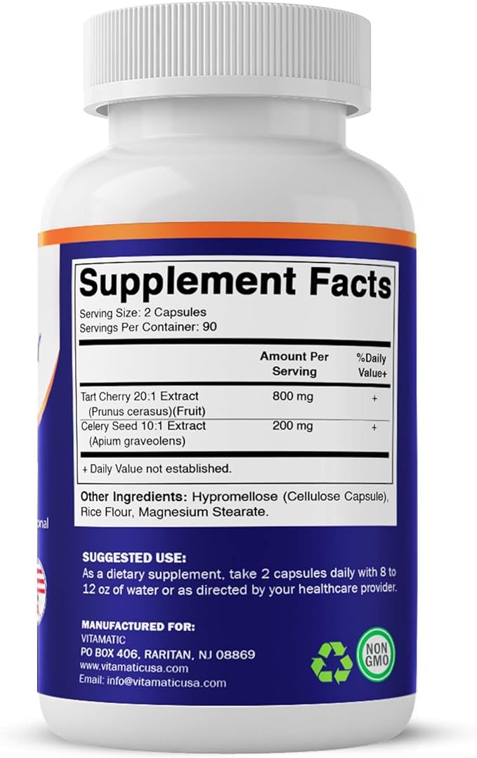 Vitamatic Tart Cherry 20X Extract with Celery Seed 10X Concentrated Extracts - - 180 Veg Capsules - Vegetarian, Non-GMO, and Gluten Free