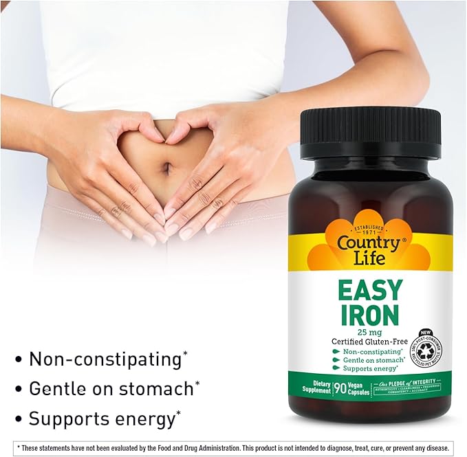 Country Life Easy Iron 25 mg | Gentle, Non-Constipating Iron Supplement | Supports Energy & Red Blood Cell Production | Certified Gluten-Free & Vegan | 90 Vegan Capsules