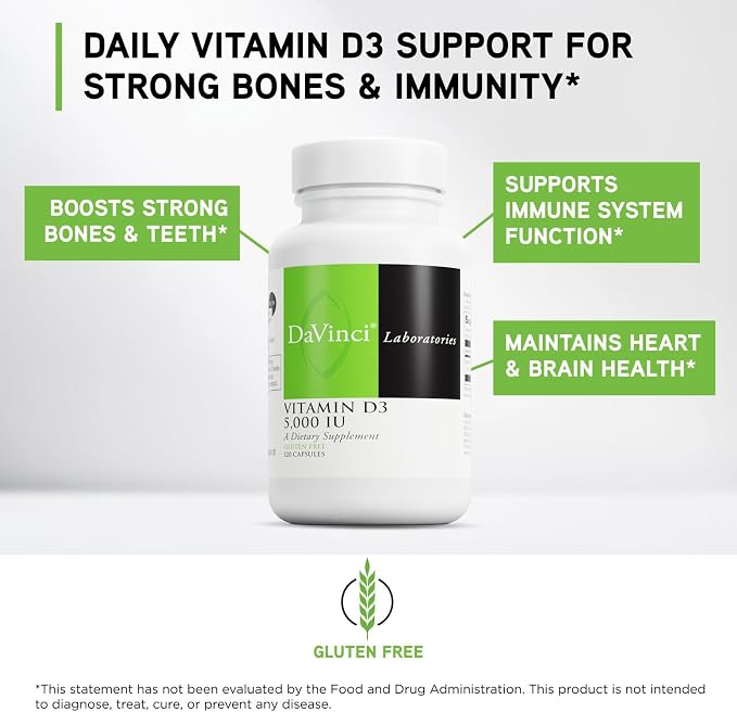 DAVINCI Labs Vitamin D3 5000 IU - Dietary Supplement to Support Healthy Teeth and Bones, Cardiovascular Function, and Immune Health* - with 5000 IU per Serving - Gluten-Free - 120 Capsules