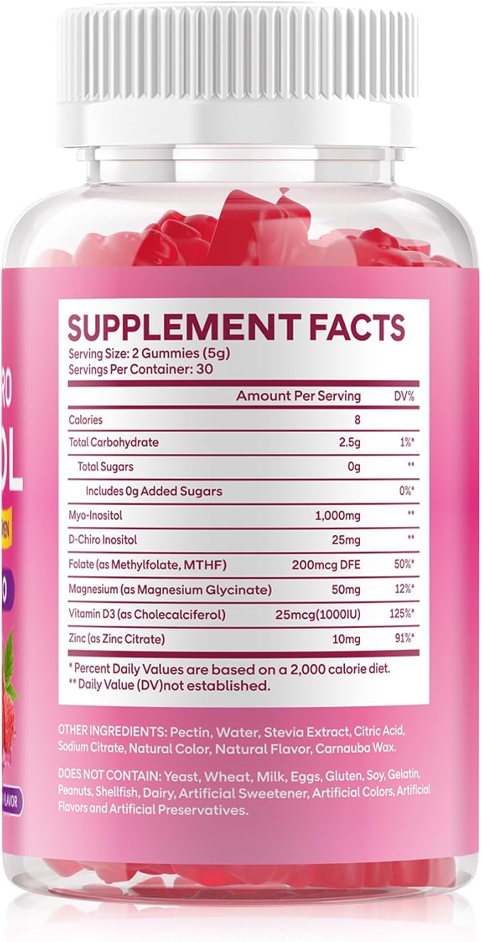 2 Pack Myo-Inositol & D-Chiro Inositol Gummies for Women 1000mg + 25mg Ideal 40:1 Ratio with Vitamin D3, Magnesium Glycinate, Folate & Zinc for Female, Raspberry Flavor, 120 Count