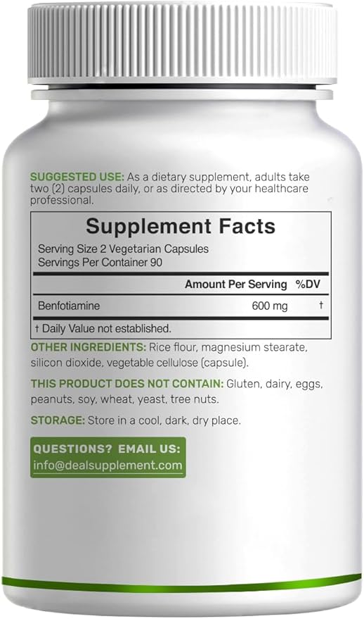Benfotiamine 600mg Per Serving, 180 Veggie Capsules (300mg Per Cap) – Fat Soluble Vitamin B1 Thiamine Supplement – 3rd Party Tested, Vegan, Non-GMO, Gluten Free