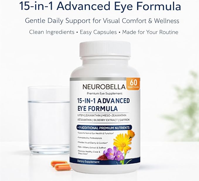 Neurobella Eye Formula, 15 in 1 Daily Eye Wellness Supplement with Lutein Zeaxanthin Bilberry & Vitamins, Clean Capsule Formula for Adult Wellness Routine (1)
