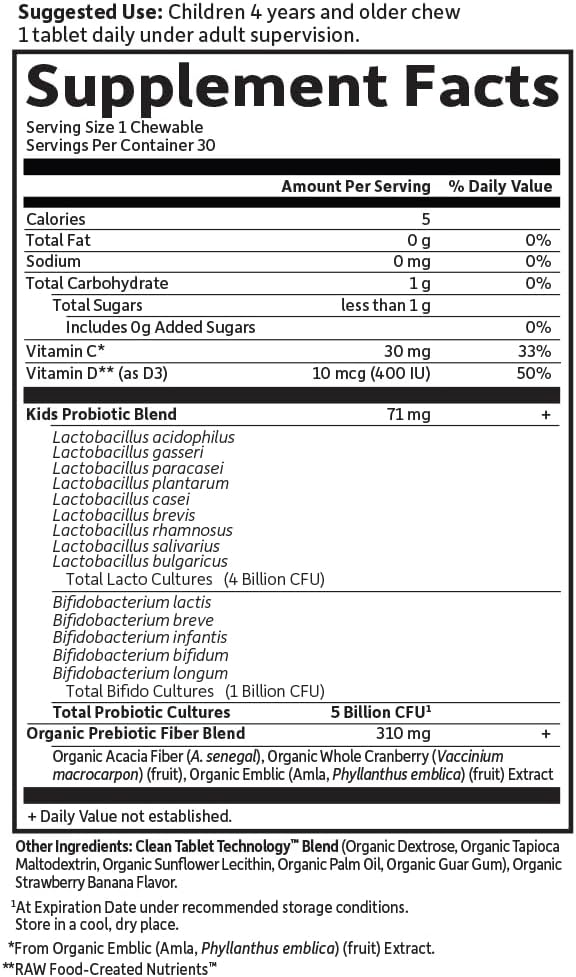 Garden of Life Dr. Formulated Probiotics Organic Kids+ - Digestive Health Support - Prebiotic Fiber & Vitamins C & D - Supports Immune Function - Shelf Stable - Strawberry Banana, 30 Yummy Chewables
