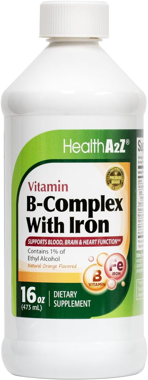 HealthA2Z® Liquid Vitamin B-Complex Plus Iron, Natural Orange Flavored, 16oz (473ml)