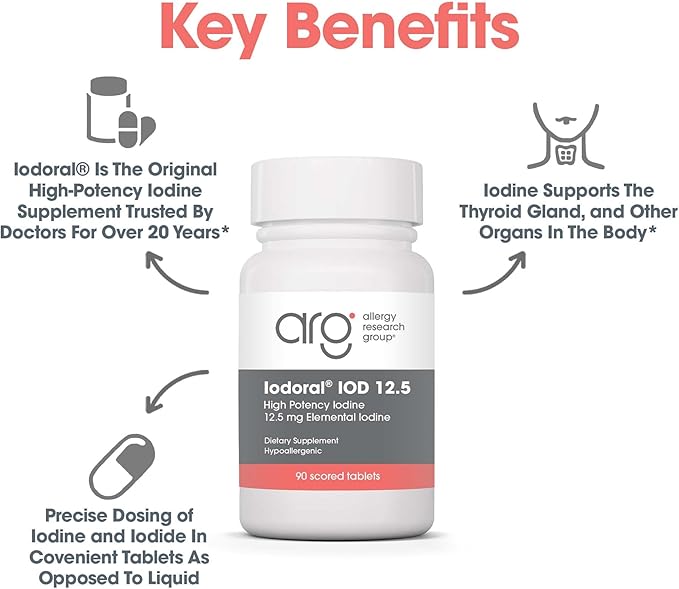 ARG Optimox Iodoral 12.5 mg - Iodine & Potassium Iodide Supplement for Thyroid & Metabolic Balance Support - Free of Soy & Gluten - 90 Servings - 90 Tablets