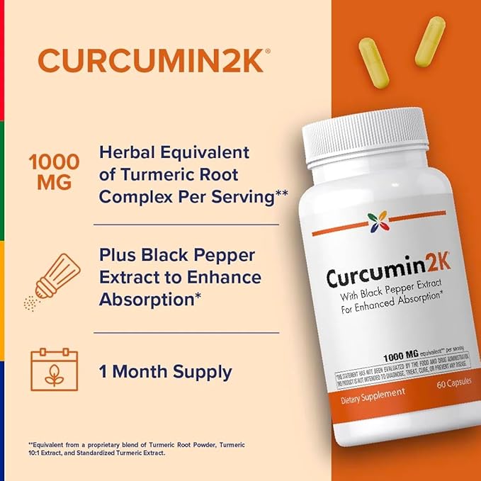 Curcumin2K Turmeric Root Complex with Black Pepper Extract, 1000mg, 60 Capsules, 1 Month Supply