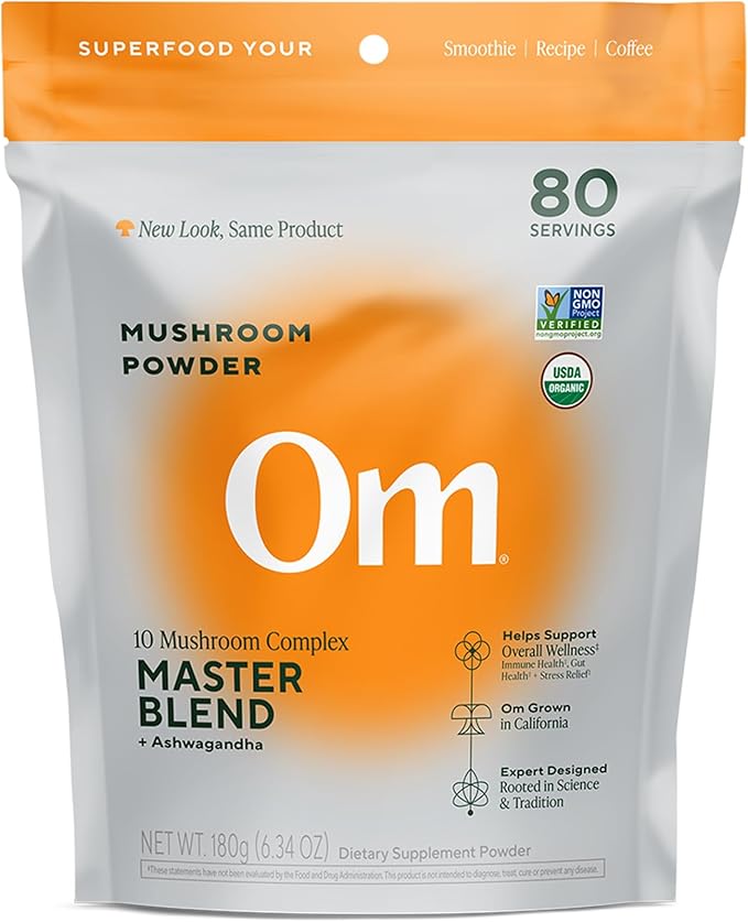 OM Mushrooms Master Blend Mushroom Powder – Organic Mushroom Supplement with 10 Mushrooms and Ashwagandha - Support Immunity, Gut Health & Stress Relief, 6.34 oz (80 Servings)