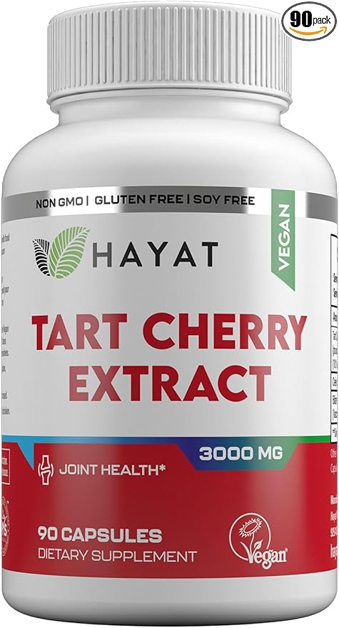 HAYAT Vitamins Vegan Natural Tart Cherry Extract 3000 MG, 3 Month Supply, Potent 10:1 Extract, All Natural, Certified Halal, 90 Capsules,