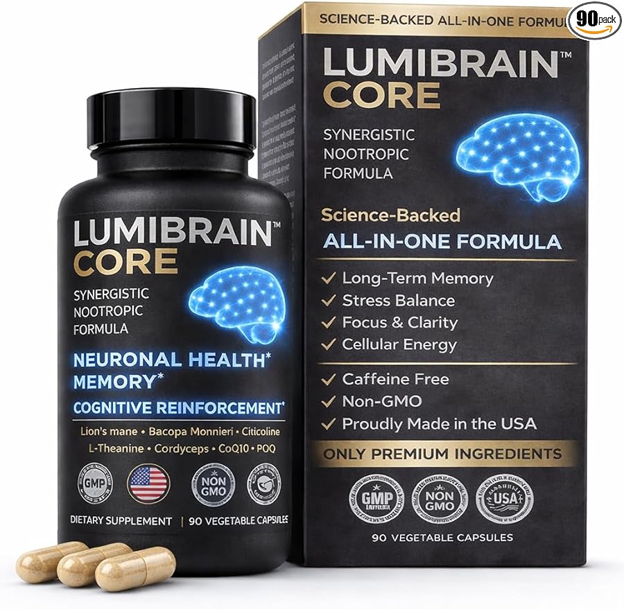LumiBrain™ CORE Brain Supplement for Memory and Focus, Caffeine-Free Nootropic for Brain Energy, 90 Capsules