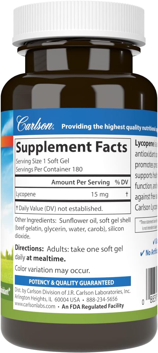 Carlson - Lycopene, 15 mg, Tomato-Free, Prostate Health & Circulation Support, Optimal Wellness, 180 Softgels