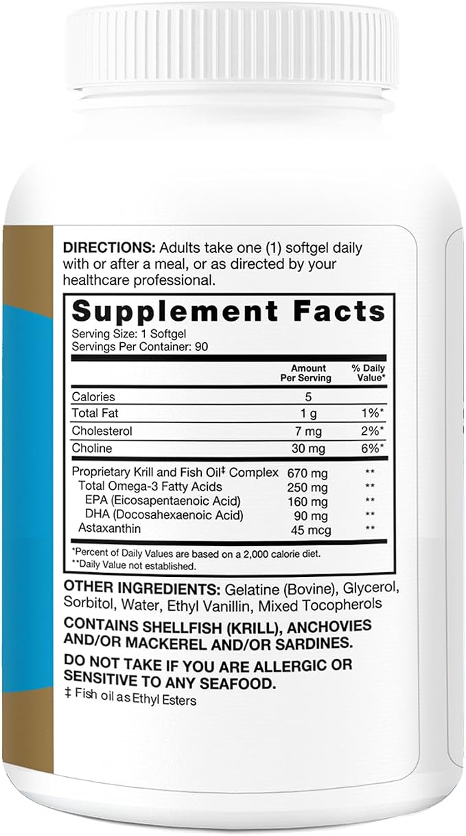Qunol Advanced Omega 3 Krill and Fish Oil Complex, 10x Better Bioavailability, One Pill Dose, 250mg EPA & DHA, Supports Brain, Eye, Heart and Joint Health, 90 Count (Pack of 1)