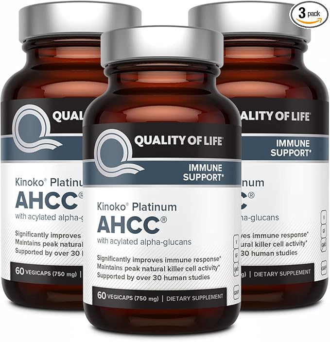 Quality of Life AHCC Kinoko Platinum 750 mg – Premium Immune Support Supplement, Pack of 3-60 Count Bottles