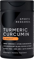 Sports Research® Turmeric Curcumin C3 Complex® w/BioPerine Black Pepper Extract & Organic Coconut Oil - Standardized 95% Curcuminoids · Non-GMO · Gluten Free - 60 Count Softgels