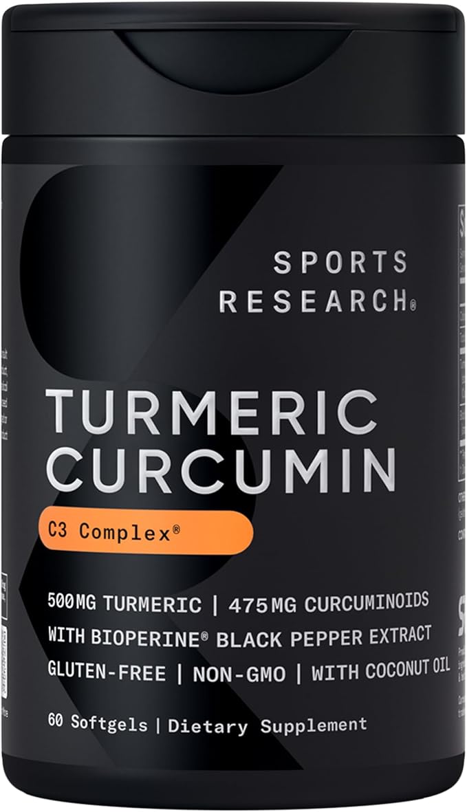 Sports Research® Turmeric Curcumin C3 Complex® w/BioPerine Black Pepper Extract & Organic Coconut Oil - Standardized 95% Curcuminoids · Non-GMO · Gluten Free - 60 Count Softgels