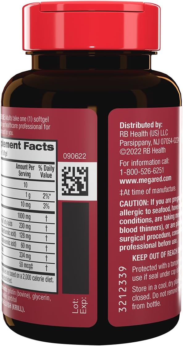 MegaRed Ultra Strength 1000mg Omega-3 Krill Oil Supplement with EPA/DHA, Astaxanthin & Phospholipids, No Fish Oil Aftertaste Supports Heart, Brain, Joint and Eye Health, 60 Count Softgels (3 Pack)