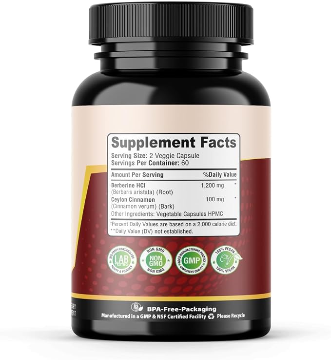 Premium Berberine HCL 1200mg, True Ceylon Cinnamon, 120 Capsules, Berberine HCI Root Supplement for Immune Support and Overall Wellness