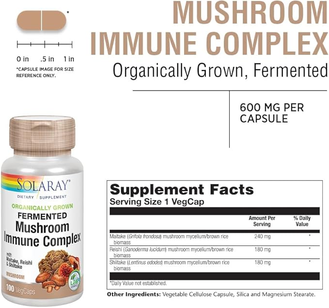 SOLARAY Maitake, Reishi, & Shiitake Mushroom Complex Capsules - Mushroom Supplement for Men & Women, 600 mg per Serving, Immune Health Support - 100 Veg Caps