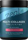 Zeal Naturals Multi Collagen Protein Peptides Powder Types I II III V X - Vitamin C, Biotin & Hyaluronic Acid - Hair, Skin & Nails - Marine, Bovine, Chicken & Eggshell - Strawberry, 45 Servings