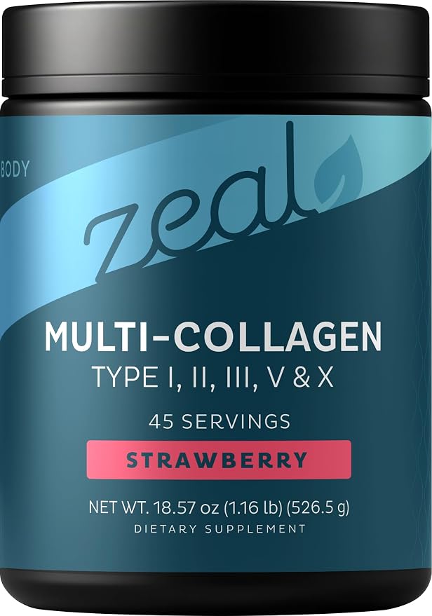 Zeal Naturals Multi Collagen Protein Peptides Powder Types I II III V X - Vitamin C, Biotin & Hyaluronic Acid - Hair, Skin & Nails - Marine, Bovine, Chicken & Eggshell - Strawberry, 45 Servings