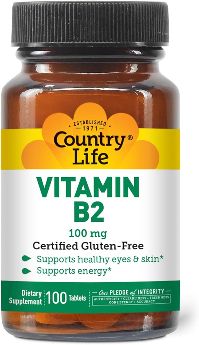Country Life Vitamin B2 100mg Riboflavin Supplement – Boosts Energy Production & Supports Cell Function, Gluten-Free, Vegan, Kosher, Halal – no preservatives, GMO or Artificial Flavors, 100 Count