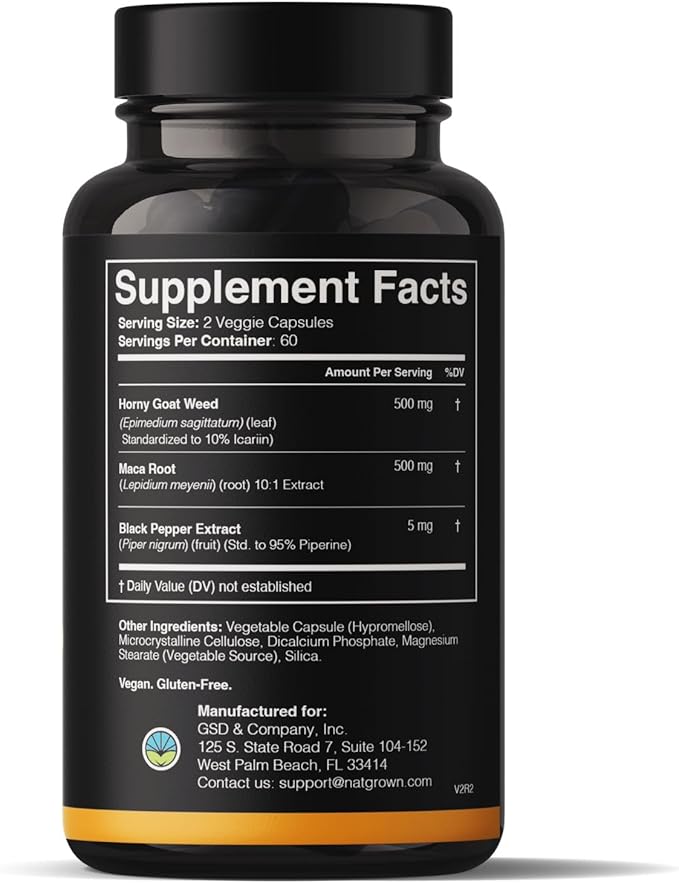 Natgrown Horny Goat Weed and Maca Root Extract Supplement for Men & Women (Epimedium Extract, Hornygoatweed) Vegan Capsules -120 Ct