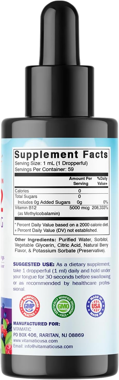 Vitamatic 2 Packs Fast Acting Liquid Vitamin B12 5000 mcg (Methylcobalamin) - Natural Berry Flavor - Sublingual Supplement - Faster Absorption - 2 OZ