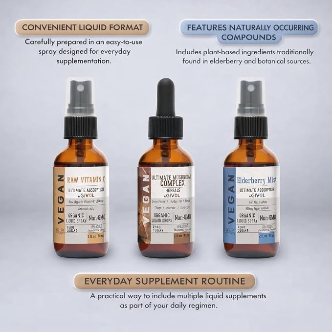 Antioxidant Powerhouse Bundle - Elderberry, Raw Vitamin C, Mushroom Complex - Nutriments, Phytonutrients & Cognitive Well-Being All in One Package - Multivitamins - 2 Fl Oz - 240 Days Supply
