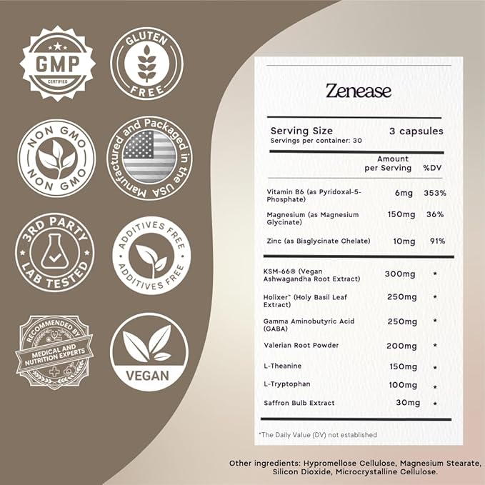 Zen Principle Zenease Sleep Support with Magnesium Glycinate, Ashwagandha KSM-66®, Saffron, L-Theanine & GABA – No Melatonin, Natural Stress Relief & Sleep Aid. 180 Capsules