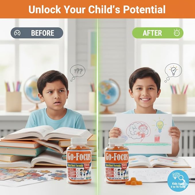BrightKids Brain Supplements for Memory and Focus, Omega 3 & DHA Focus Gummies for Kids, Memory Booster Focus Supplement for Kids & Teens- Low-Sugar, Natural Fruit Flavor 60 Gummies