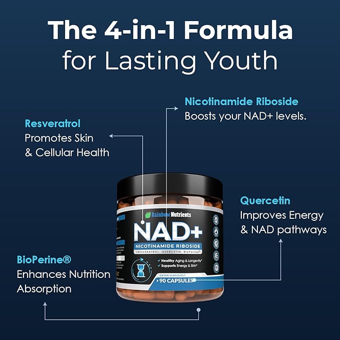 2010 MG NAD+ Supplement- Nicotinamide Riboside, Resveratrol, Quercetin & BioPerine® (High Absorption)- Natural NAD Booster for Anti-Aging, Cellular Energy, Skin- For Women & Men- 90 V Capsules