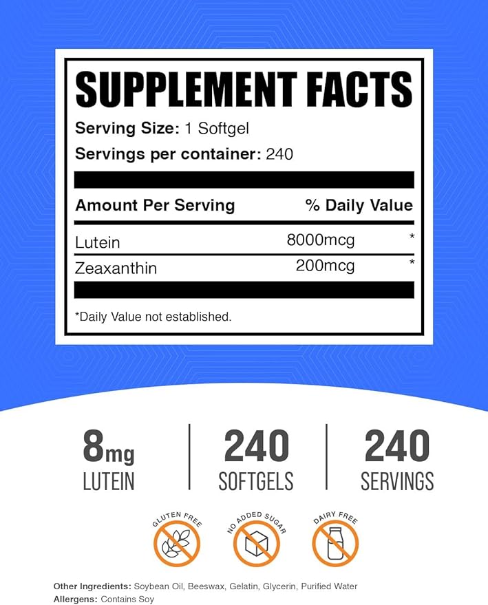BulkSupplements.com Lutein with Zeaxanthin Softgels - Zeaxanthin Plus Lutein, Lutein and Zeaxanthin Supplements, Eye Vitamins - Gluten Free, 1 Softgel per Serving, 240 Softgels
