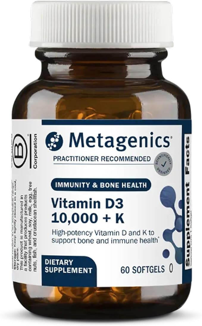 Metagenics Vitamin D3 + K - for Artery Health, Immune Support, Bone & Heart Health* - Vitamin D with MK-7 (Vitamin K2) - Non-GMO - Gluten-Free - 60 Softgels - 10,000 IU