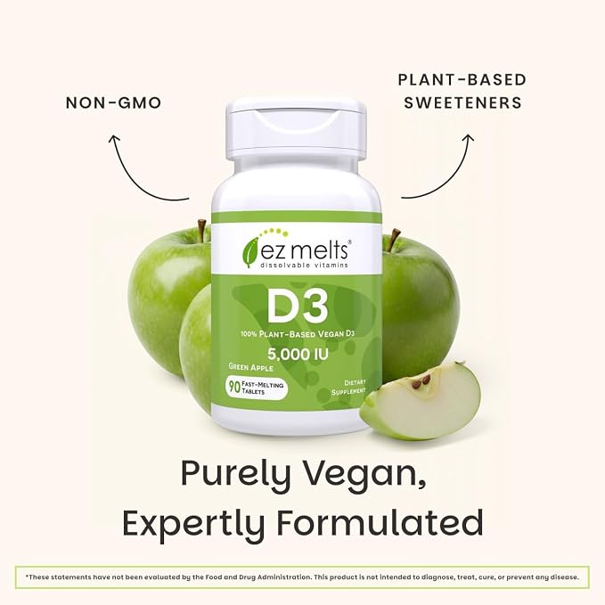 EZ Melts Dissolvable Vitamin D3 5,000 IU - Vegan Vitamin D Supplement for Bone & Teeth Support - No Artificial Flavors - Plant-Based & Non-GMO - Green Apple - 180 Dissolvable Tablets (180 Servings)