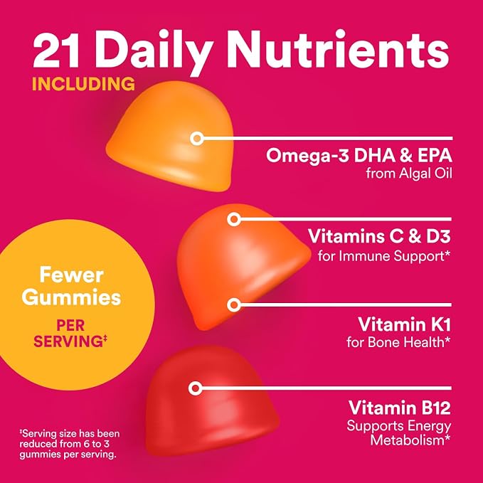 SmartyPants Women's Multivitamin Gummies, Omega 3 DHA/EPA, Methylfolate, CoQ10, Vitamin D3, C, B12, B6, A, K, Zinc, Three Fruit Flavors, 90 Count (30 Day Supply)