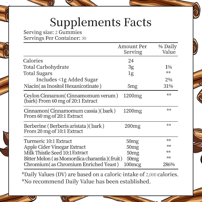 Cinnamon Supplements, Premium Ceylon Cinnamon Gummies 2400mg with Berberine, Turmeric, Apple Cider Vinegar, Bitter Melon, Chromium - Vegan, Non-GMO丨60 Counts