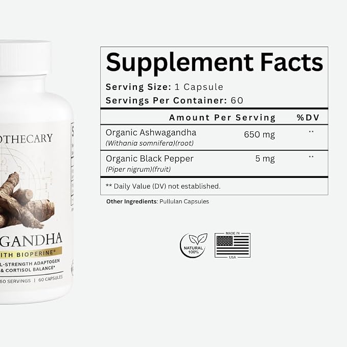 Organic Ashwagandha with BioPerine® | 600mg Root Extract | Black Pepper for Absorption | 60 Vegetarian Capsules | Non-GMO, Gluten Free