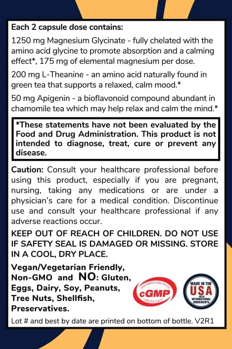 Magnesium Glycinate Sleep Stack with 200 mg L-Theanine, 50 mg Apigenin, 175 mg of Elemental Magnesium Glycinate | Sleep Support Magnesium Supplement | Made in USA