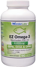 Wonder Laboratories EZ Omega-3 Atlantic Menhaden Fish Oil Supplement 2000 mg, Burpless, Made in The USA, Perfect Balance of EPA+ DHA + DPA 180 Softgels