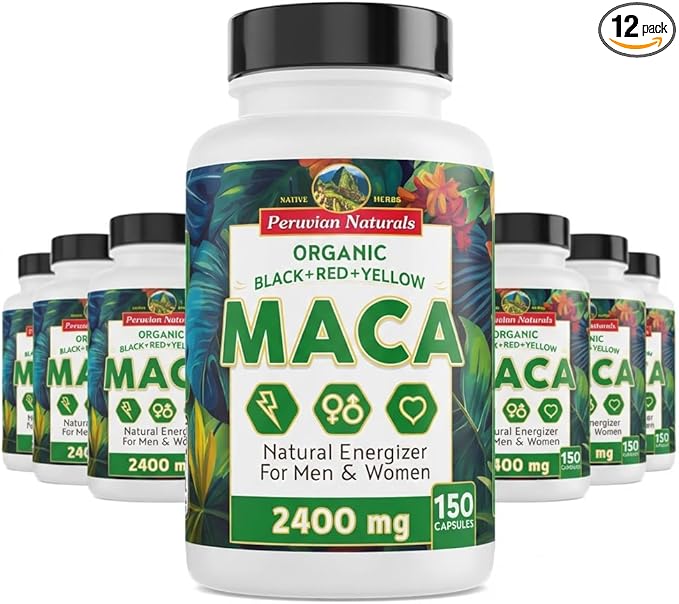 Peruvian Naturals Organic Maca Root Capsules for Women & Men, 2400 mg, 150 Vegan Pills with Black, Red & Yellow Root, Gelatinized, Non-GMO 12-Pack