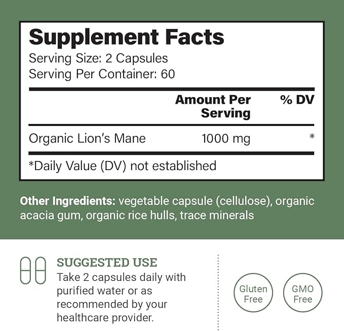 Organic Lions Mane Supplement (1000mg), 2-Month Supply Lion's Mane Mushroom Supplement Extract to Support Focus, Memory (120 Capsules)