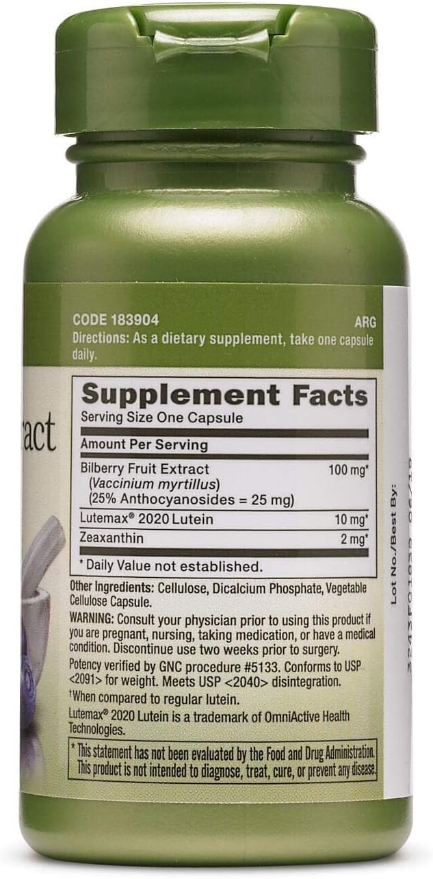 GNC Herbal Plus Bilberry Extract and Lutein Supplement, Vegetarian, Supports Eye and Vision Health, 60 Servings