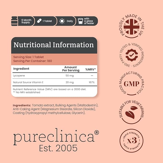 pureclinica Lycopene 50mg x 180 Tablets (6 Months Supply). 300% Strength of Regular Lycopene Tablets