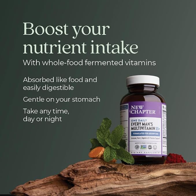 New Chapter Men’s Multivitamin 55+, Extra B6 & B12, D3, Astaxanthin, Vitamin C & Zinc, Immune, Heart, Cellular Energy, and Brain Health, Gentle on The Stomach, One Daily, Non-GMO, 96 Tablets