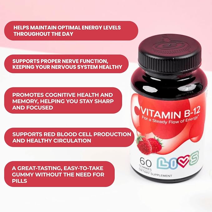 LIVS Vitamin B12 Gummies for Adults & Kids | Vegan Methylcobalamin B12 Supplement | Energy, Metabolism & Nerve Support | Raspberry Flavor | Non-GMO, Gluten-Free, Pectin-Based | 120 Count