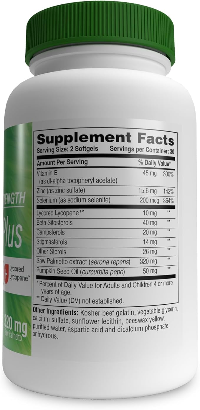 Health Thru Nutrition Prostate Plus Double Strength with Saw Palmetto Extract, Lycopene as Lycored, Plant Sterols, Selenium, Zinc and Pumpkin Seed | Complete Prostate Support (Pack of 60)