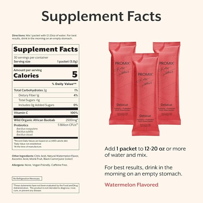 ProMix Nutrition Debloat Prebiotics and Probiotics Immune Support Supplement for Digestion, Cortisol Health, Gut Cleanse - Watermelon - 30 Servings (Pack of 30)